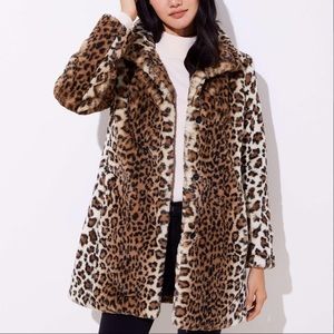 LOFT Faux Fur Leopard Print Funnel Neck Coat